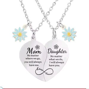 Silver Mom Daughter Heart Necklace Set